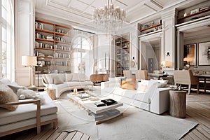Paneling walls with moldings and cornices in classic room. Interior design of neoclassical living room with bookshelves. Created photo