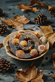 Panellets, and roasted cehstnuts and sweet potato