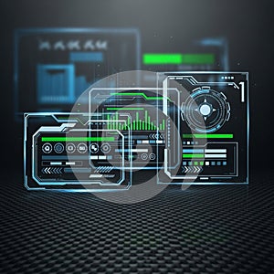 Panels displaying data visualizations and controls. The background features