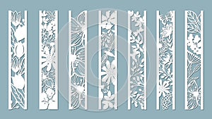 Panels with floral pattern. Flowers and leaves. Laser cut. Set of bookmarks templates. Image for laser cutting, plotter cutting or