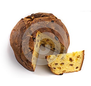 Panettone, famous Christmas cake from Milan, Italy, seen from above with slice cut out