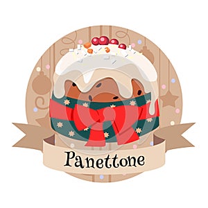 Panettone Italian christmas cake. Colorful illustration in cartoon style
