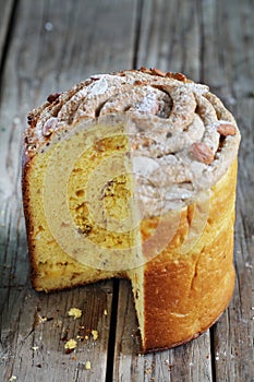 Panettone italian holiday cake, christmas festive dessert bread cut