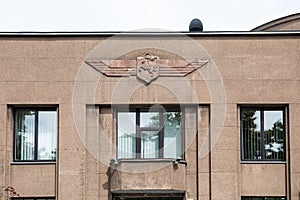 Rnament of Vytis on the wall of historical bank building in Panevezys, Lithuania