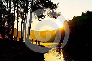 Pang oung lake and pine forest with sunrise in Mae Hong Son , Thailand