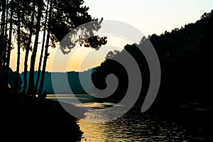 Pang oung lake and pine forest with sunrise in Mae Hong Son , Thailand