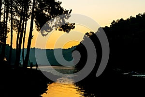 Pang oung lake and pine forest with sunrise in Mae Hong Son , Thailand