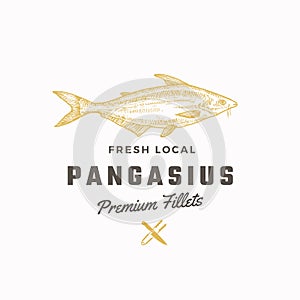 Pangasius Abstract Vector Sign, Symbol or Logo Template. Hand Drawn Basa Fish with Classy Retro Typography. Tongs and photo