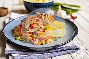 Pangasius fillets rolls stuffed with carrot and olives, served with vegetable salad and boiled potato