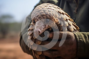 A pangolin in the hands of a dedicated conservationist. Photo highlight the connection between human and pangolin