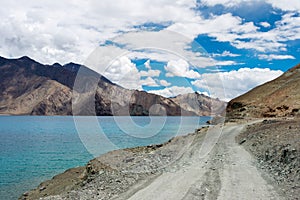 Pangong Lake view from Between Maan and Merak in Ladakh, Jammu and Kashmir, India.