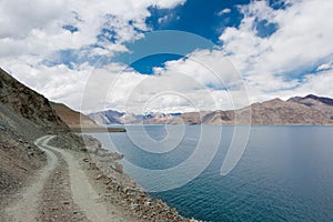 Pangong Lake view from Between Maan and Merak in Ladakh, Jammu and Kashmir, India.