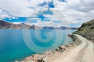 Pangong Lake view from Between Maan and Merak in Ladakh, Jammu and Kashmir, India.