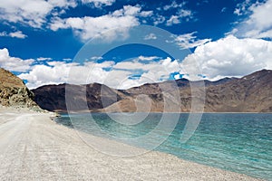 Pangong Lake view from Between Maan and Merak in Ladakh, Jammu and Kashmir, India.