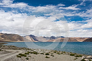 Pangong Lake view from Between Maan and Spangmik in Ladakh, Jammu and Kashmir, India.