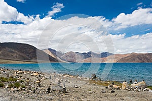 Pangong Lake view from Between Maan and Spangmik in Ladakh, Jammu and Kashmir, India.