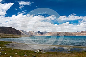 Pangong Lake view from Between Maan and Spangmik in Ladakh, Jammu and Kashmir, India.