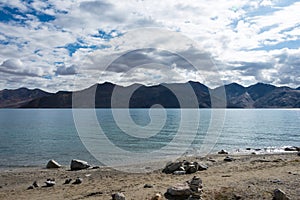 Pangong Lake view from Between Spangmik and Maan in Ladakh, Jammu and Kashmir, India.