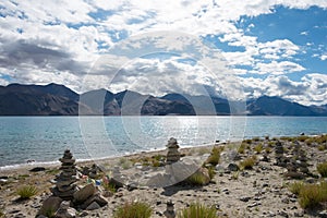 Pangong Lake view from Between Spangmik and Maan in Ladakh, Jammu and Kashmir, India.