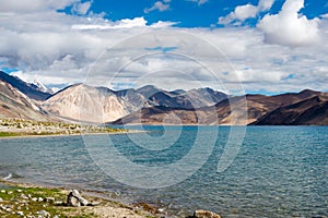 Pangong Lake view from Between Spangmik and Maan in Ladakh, Jammu and Kashmir, India.