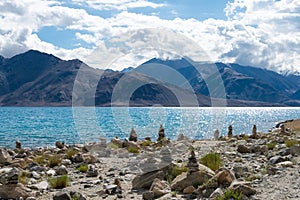 Pangong Lake view from Between Spangmik and Maan in Ladakh, Jammu and Kashmir, India.