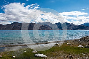 Pangong Lake view from Between Spangmik and Maan in Ladakh, Jammu and Kashmir, India.