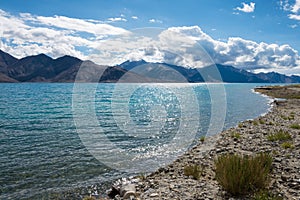 Pangong Lake view from Between Spangmik and Maan in Ladakh, Jammu and Kashmir, India.