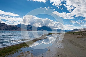 Pangong Lake view from Between Spangmik and Maan in Ladakh, Jammu and Kashmir, India.