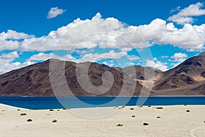 Pangong Lake view from Between Spangmik and Maan in Ladakh, Jammu and Kashmir, India.