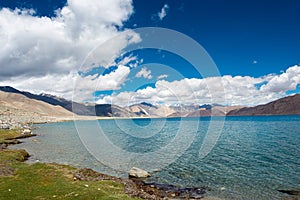 Pangong Lake view from Between Spangmik and Maan in Ladakh, Jammu and Kashmir, India.