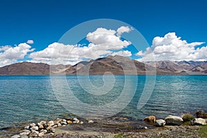 Pangong Lake view from Between Spangmik and Maan in Ladakh, Jammu and Kashmir, India.