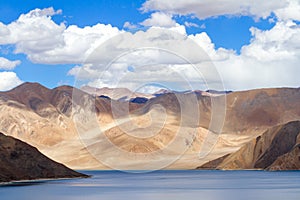 Pangong Tso Highland Lake in the Himalayas with the fantastic pl