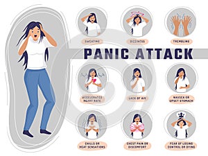 Panic attack infographic. Medical symptoms of fear aniety problem recent vector medical poster template with place for text