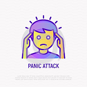 Panic attack thin line icon: man feeling anxiety and touching his head. Modern vector illustration of neurosis symptom