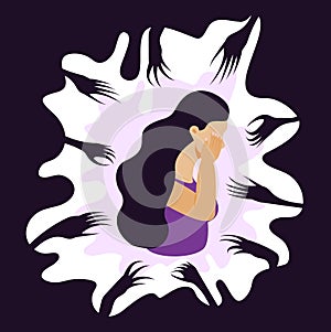 Panic attack of woman concept vector. Fear reaches out to a sad, crying woman. Depression, sadness, mental health