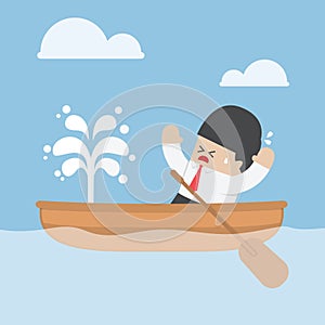 Panic businessman with leaking boat