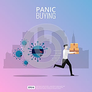 Panic buying concept. Man with face mask carrying his goods chased by epidemic virus illustration. Vector template of Behavior and