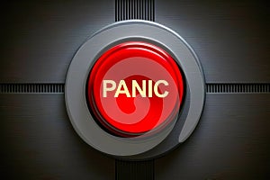 Panic concept with red button with text Panic on the metal wall, closeup view. Created with Generative AI technology