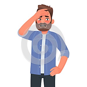 Panic. A man expresses emotions of anxiety and shock. Stress and anxiety. Amazed guy character. Vector illustration