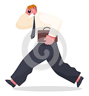 Panic of office worker, unorganized man with phone talking, holding suitcase or portfolio running