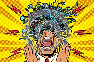 Panic people wire adapter cables pop art background