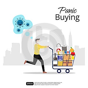 Panic shopping concept. Man with face mask running with full cart buying all groceries he can find in supermarket. COVID-19