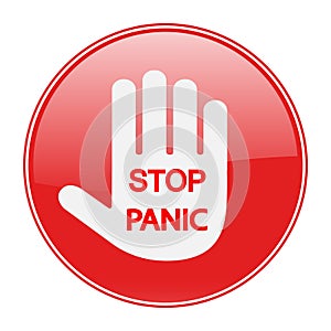 Panic stop sign. red warning hand with text on a white background