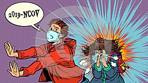 Panic. The young man is afraid of a sneezing sick girl. Novel Wuhan coronavirus 2019-nCoV epidemic outbreak
