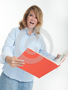 Panicked woman reading photo