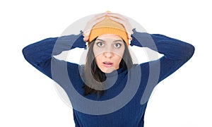 Panicked young woman with open mouth stare to you with popped eyes, isolated on white background. Scared female