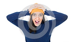 Panicked young woman with open mouth stare to you with popped eyes, isolated on white background. Scared female