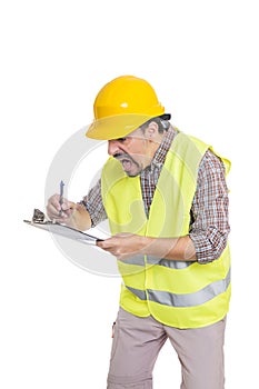 Panicking male engineer taking notes on clipboard