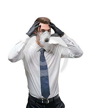 Panicking young businessman in mask and gloves, isolated