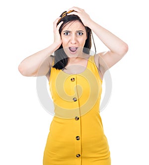 Panicking young woman stare to you, isolated on white background. Mistake. Bad news